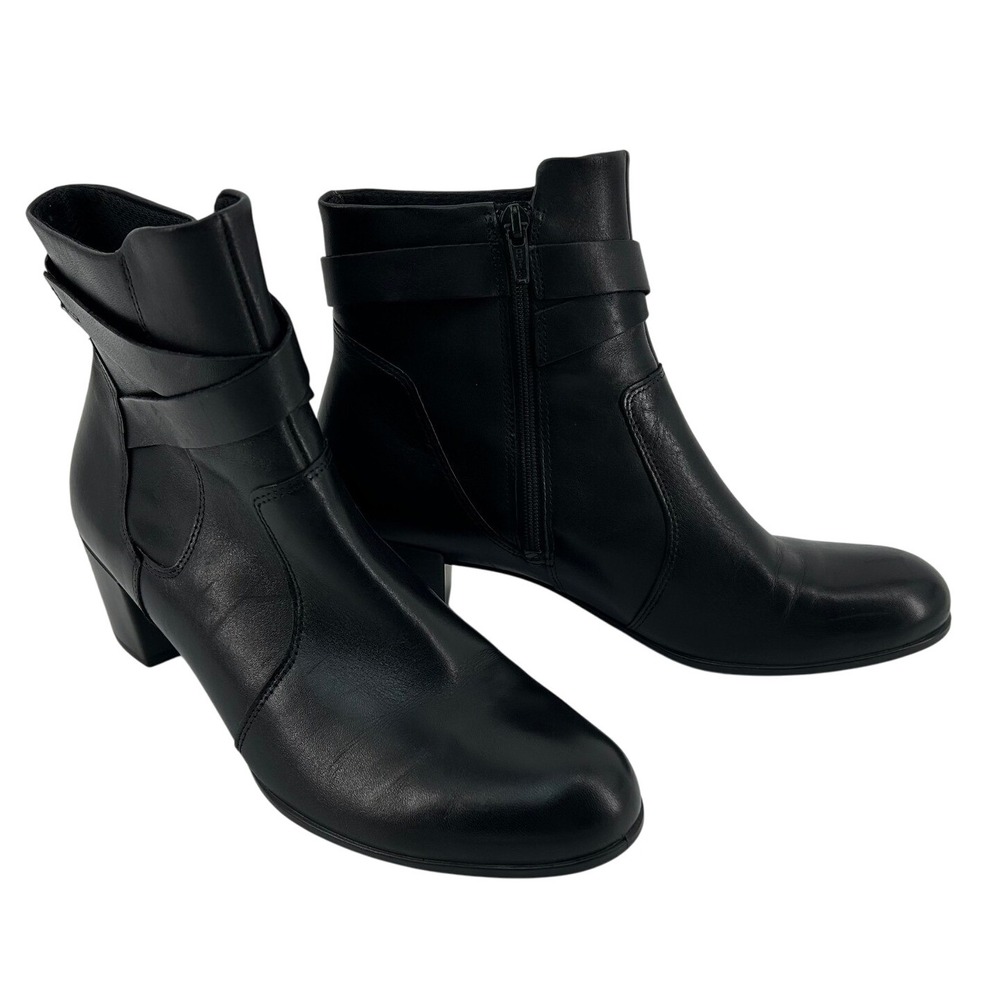 ECCO Women's Black Leather Ankle‎ Boots Size 39 US 8-8.5 Zip Block Heel Comfort